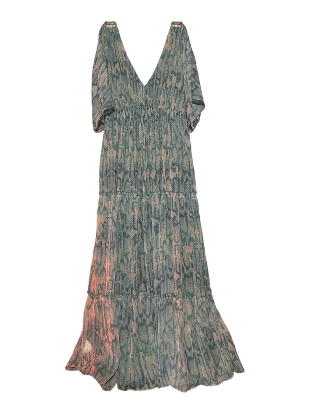 VENUS Teal Patterned V-Neck Tiered Maxi Dress